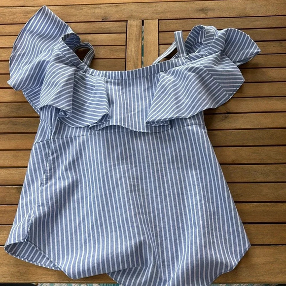 Veronica Beard Grand Off the Shoulder Top Striped Blue White size 0 - Picture 9 of 16